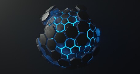 abstract background using a ball shape with a bright blue texture and a black hexagon shaped skin located in the center, 3d rendering and 4K size