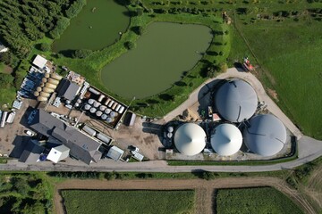 biogas production, biogas plants, bioenergy,aerial panorama landscape view of bio gas production...