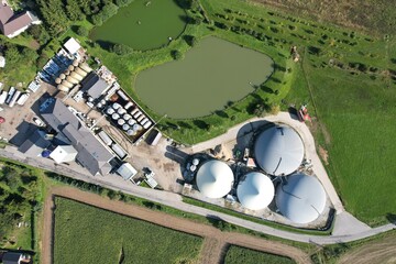 biogas production, biogas plants, bioenergy,aerial panorama landscape view of bio gas production...