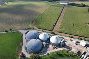 biogas production, biogas plants, bioenergy,aerial panorama landscape view of bio gas production...