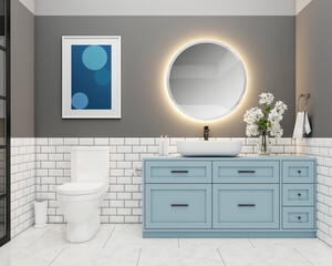 Mid-century bathroom with modern wash basin and flush toilet, light blue cabinet and picture frame, white tile wall and marble tile floor. 3d rendering