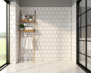 Cozy bathroom with empty spaces for products and Milgard style window, white tile wall and marble tile floor. 3d rendering