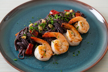 stir-fried black spaghetti with garlic and shrimps