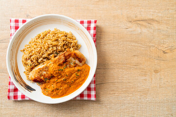 grilled chicken steak with red curry sauce and rice