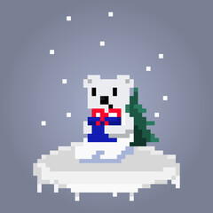 Pixel cute bear with gift, winter nature