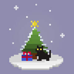 Obraz premium Pixel cat with gift, christmas tree