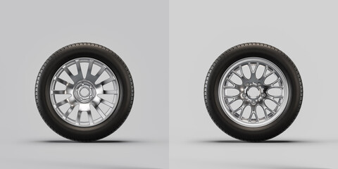 Obraz na płótnie Canvas Car wheels on white background. Isolated car tires with shiny rim from front view. 3d rendering