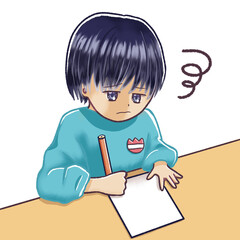 悩みながら机で書いている幼児のイラスト