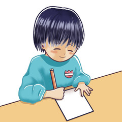笑顔で机で書いている幼児のイラスト