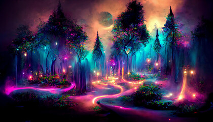 Dark Night fairy tale fantasy forest landscape with magical glows Abstract forest, magic fantasy night lights neon