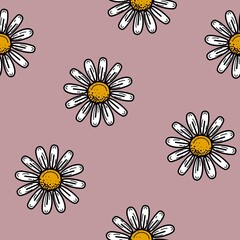 Daisy flower seamless pattern. Cute floral print with white textured camomile flowers on pink background.Top view of chamomile bud. Raster endless print.