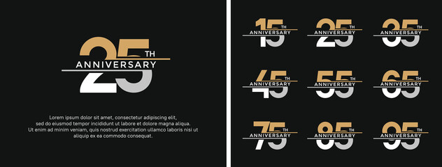 set of anniversary logo golden and silver color on black background for celebration moment - obrazy, fototapety, plakaty