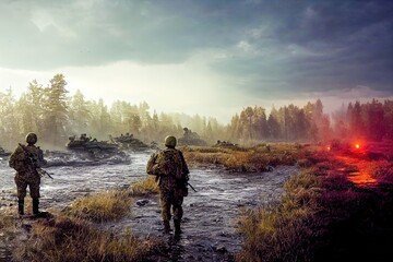Obraz premium Tanks crossing the river