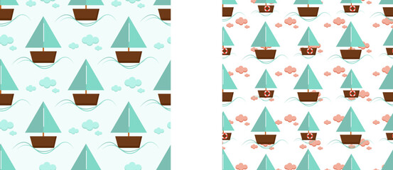 childrens seamless cute pattern boats in waves and pink clouds
