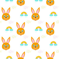 pattern for children cute rabbit and rainbow clouds with rain bright colors