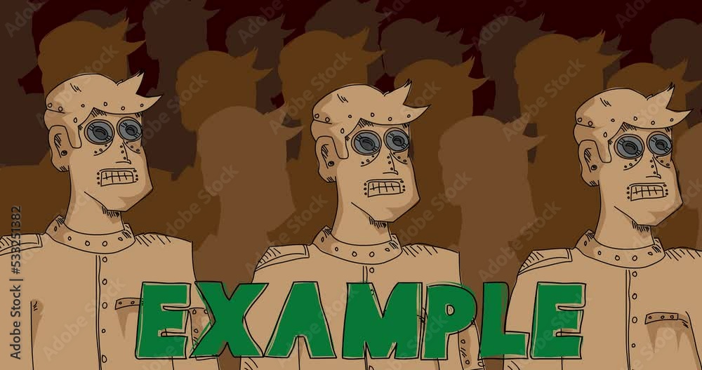 Poster robot army with example text. line art animated video. future robotics cartoon animation.