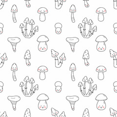 Seamless pattern cute mushrooms. Background for sewing baby clothes or printing on fabric. Wallpaper nursery. Wrapping paper with funny characters.