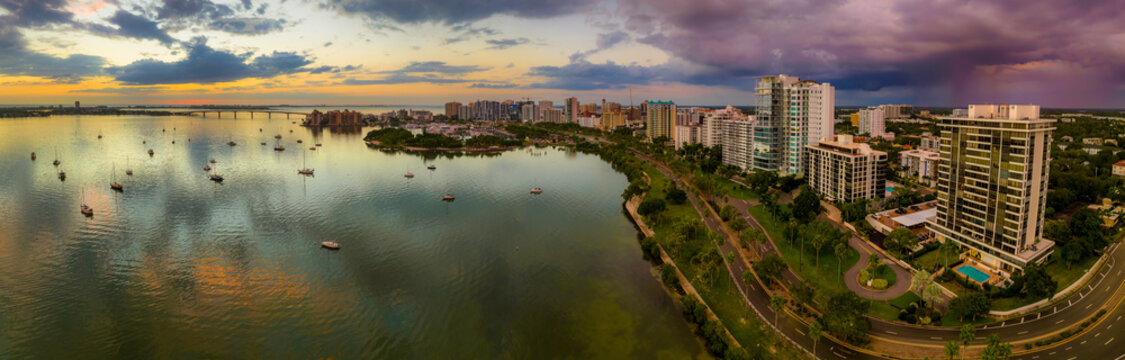 Sarasota Bayfront To Ringling Bridge Panorama Sunset Aerial