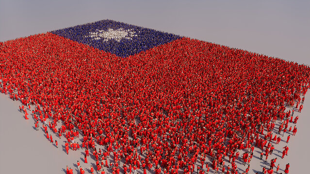 Taiwanese Banner Background, With People Coming Together To Form The Flag Of Taiwan.