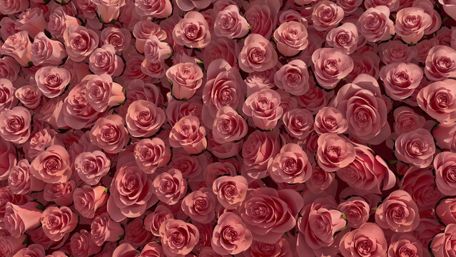 Beautiful Flowers arranged to create a Red wall. Vibrant, Colorful Background formed from Elegant Roses. 3D Render