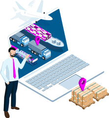 3D isometric Global logistics network concept with Transportation operation service, Export, Import, Cargo, Air, Road, Maritime delivery. PNG illustration