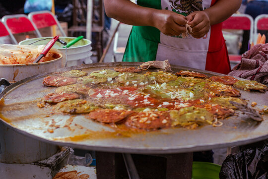 Preparation of chalupas poblanas, Mexican food Puebla Mexico