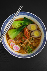 Korean Spicy Ramyun, Ramyeon, Ramen Instant Noodles with Bok Choy, Soy Sauce Egg, Scallions, Kimchi, Narutomaki Fishcake