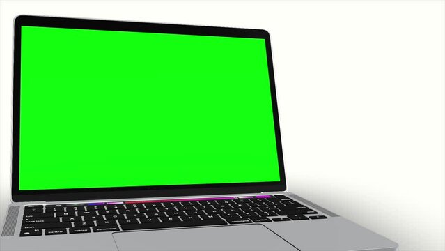 3d laptop model moving with a green laptop lcd screen and a white background screen, you can use it for your stock footage, delete the green laptop lcd screen using the software you use

