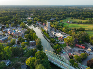 Early evening aerial photo of Schoen Place and the Erie Canal in the Village of Pittsford, New York.
