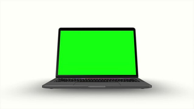 3d laptop model moving with a green laptop lcd screen and a white background screen, you can use it for your stock footage, delete the green laptop lcd screen using the software you use
