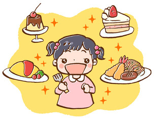 好きな食べ物に囲まれて嬉しそうな女の子のイラスト