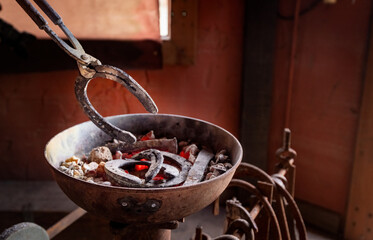 Cowboys or farrier blacksmith man under hit the horseshoe for change into a horse hoof is animal...