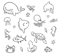 海の生き物のかわいい手描きイラストセット塗り絵