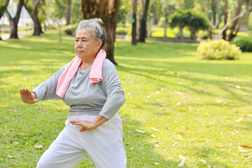 Asian senior woman practice yoga excercise, tai chi tranining, stretching and meditation together with relaxation for healthy in park outdoor after retirement. Happy elderly outdoor lifestyle concept