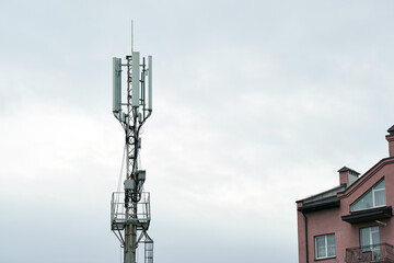 Wireless Communication Antenna Various GPS, cellphone, 3G, 4G and 5G equipped telecommunication tower on blue sky copy space background