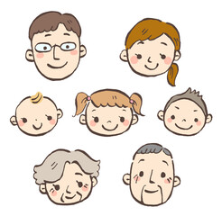 3世代家族の笑顔の手描きイラスト