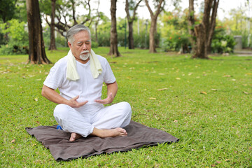 Naklejka na ściany i meble Asian senior man practice yoga exercise, stretching, tai chi tranining and meditation while sitting on yoga mat for healthy in park outdoor after retirement. Happy elderly outdoor lifestyle concept