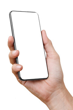 Front View Of Man Holding Smart Phone . Cell Phone In Man Hand On A White Background With White Display For COPY SPACE.