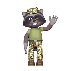 3d render of raccoon in military uniform greeting, waving hand