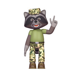 3d render of raccoon in military uniform pointing up