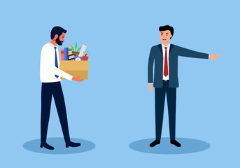 Businessman leaving job vector illustration. Boss fired employee. Layoff office worker in flat design.