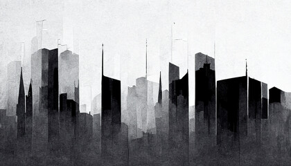 Spectacular abstract monotone cityscape watercolor painting with black and white color with smog. Digital art 3D illustration.