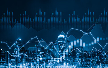 Financial graphs and digital indicators overlap with modernistic urban area, skyscrabber for stock market business concept. Double exposure.