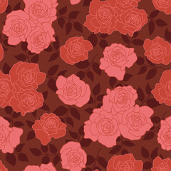 Red and Pink Rose Flower Bundles and Red Leaf Silhouettes Valentines Day Textiles for Fashion Surface Design Seamless Repeat Pattern Design  