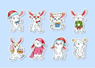 Cute sticker set with white cartoon rabbits with santa hat, pajamas, desserts, hearts, gift. Vector collection with funny baby animals for children, print, decoration, party.