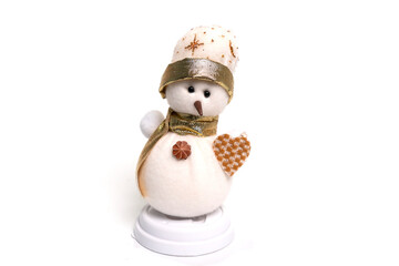 Cute small snowman toy isolated on white. Christmas decoration