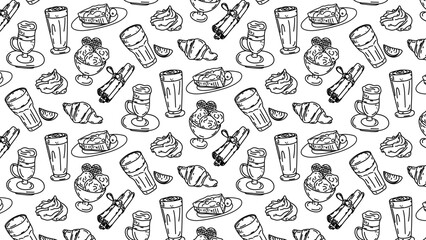 Seamless pattern with a pattern of sweets and coffee hand-drawn.Wallpaper, background