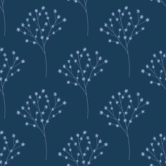 Vector hand-drawn seamless pattern with plants on a blue background. Texture for fabric, wallpaper, textile, apparel.