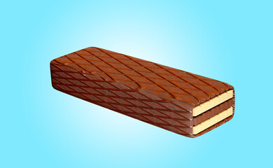 3d hot chocolate coated crispy wafer sticks isolated on blue background. advertising for packaging, 3d render illustration, clipping path