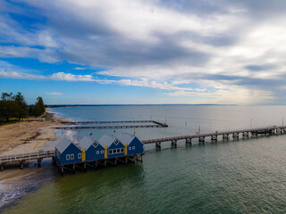 Aerial view of Busselton Jetty the longest timber-piled jetty in the southern hemisphere at 1,841...